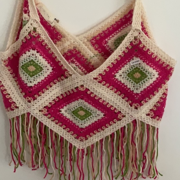 Very J Pink and Green Crochet Fringe Tank Top - Picture 3 of 5